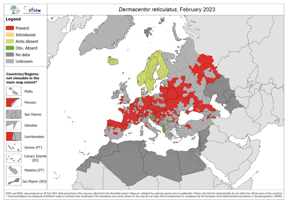 Bron: www.ecdc.europa.eu - Dermacentor reticulatus - current known distribution: February 2023